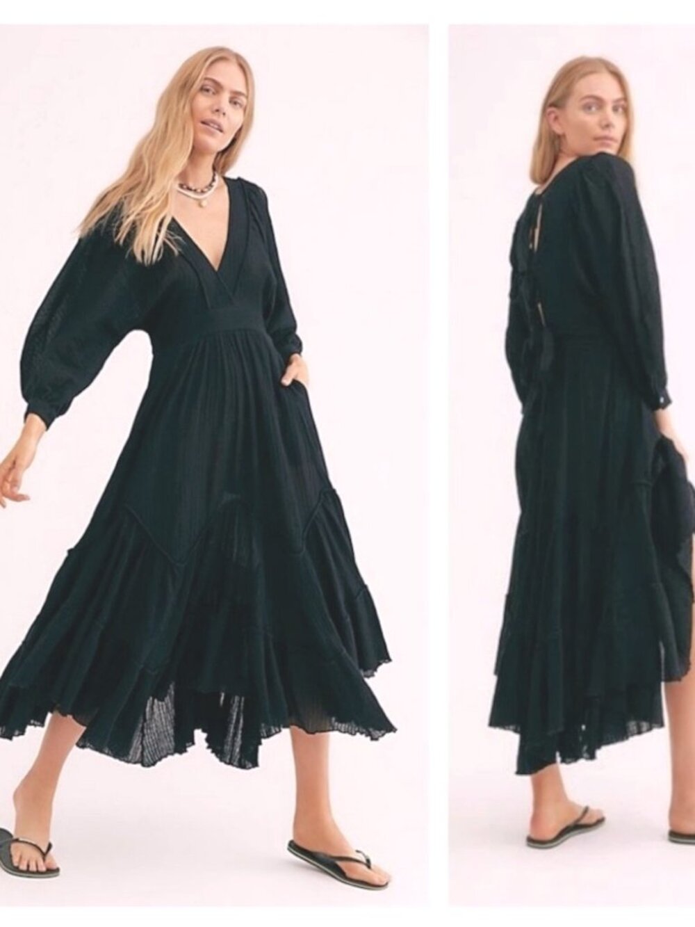 Free People I Need To Know Balloon Sleeve Open Tie Back Asymmetrical Goth Maxi